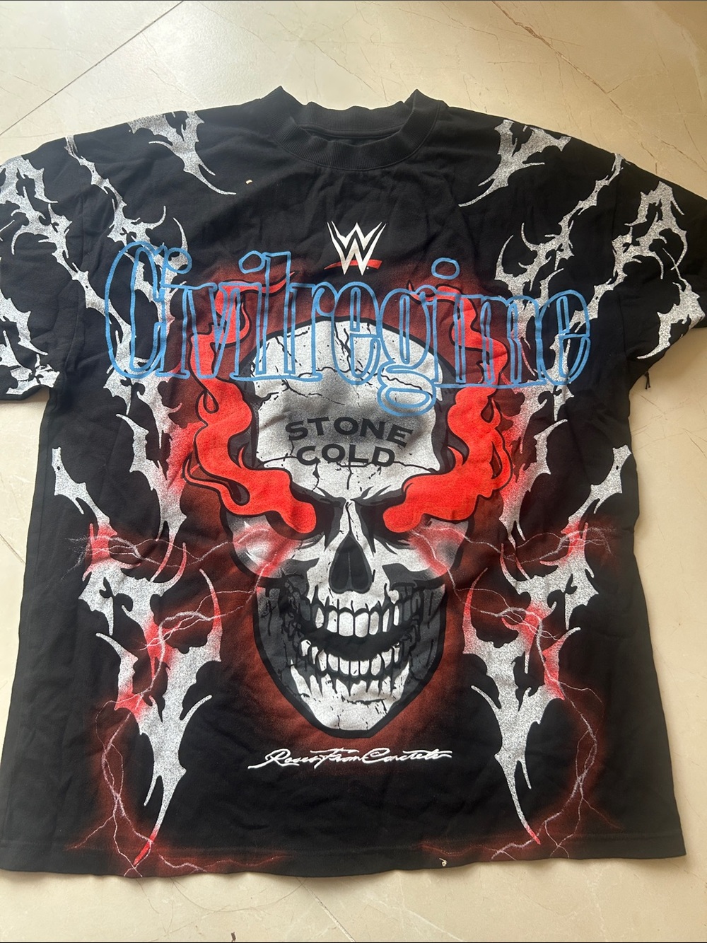 WWE Stone Cold Black Graphic Tee with Red Flame Skull  l civil regime nwt